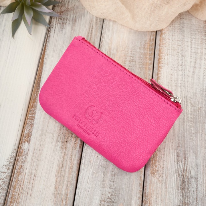Дамски портфейл от естествена розова кожа със 7 отделения за карти и розов калъф за ключове, комплект