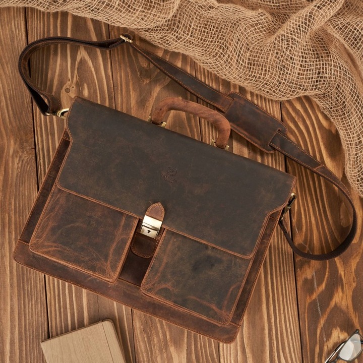 Мъжка чанта от естествена кожа, Paolo Peruzzi, 3 отделения, 6 джоба, кафяв цвят, 30x40x10см