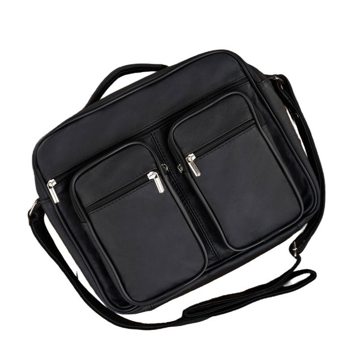 Abruzzo férfi válltáska, valódi bőr, fekete, 1 rekesz, 7 zseb, A4, 26x32x9cm