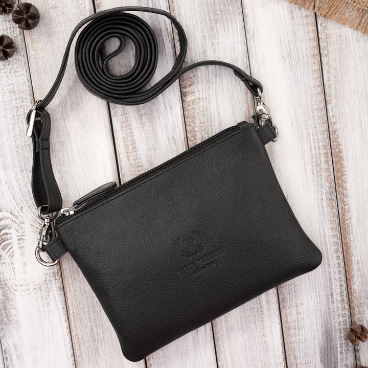 Női táska valódi bőrből, SI-41-BL modell, fekete, 4 zsebbel, méretek 19x13,5x1 cm, állítható pánt.