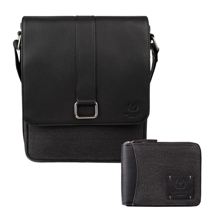 AY-07-BL pénztárca és AY-01-BL válltáska szett, valódi bőr, fekete, 10 kártyarekesz, 5 zseb