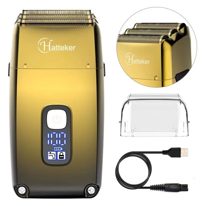 Aparat de tuns Hatteker, 3 lame, impermeabil, auriu, fără fir