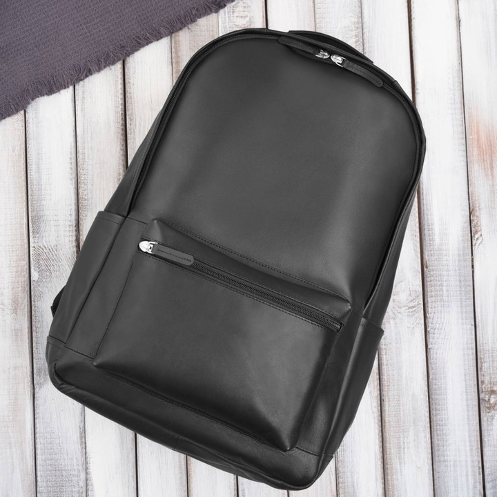 Rucsac din piele pentru laptop, E-29-BL, 5 buzunare, negru, 46x36x14cm