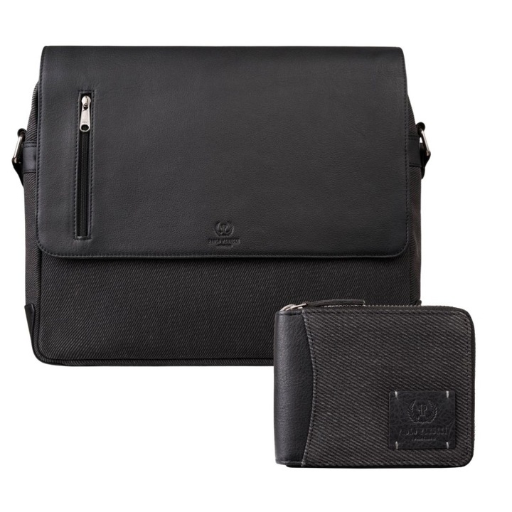 Paolo Peruzzi férfi táska/pénztárca szett, AY-07, valódi bőr, fekete