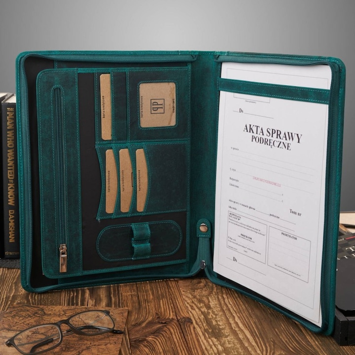 Mapa din piele naturala vintage, Paolo Peruzzi, verde, 32x26x3cm, format A4, 5 compartimente pentru carduri, 2 locuri pentru pixuri