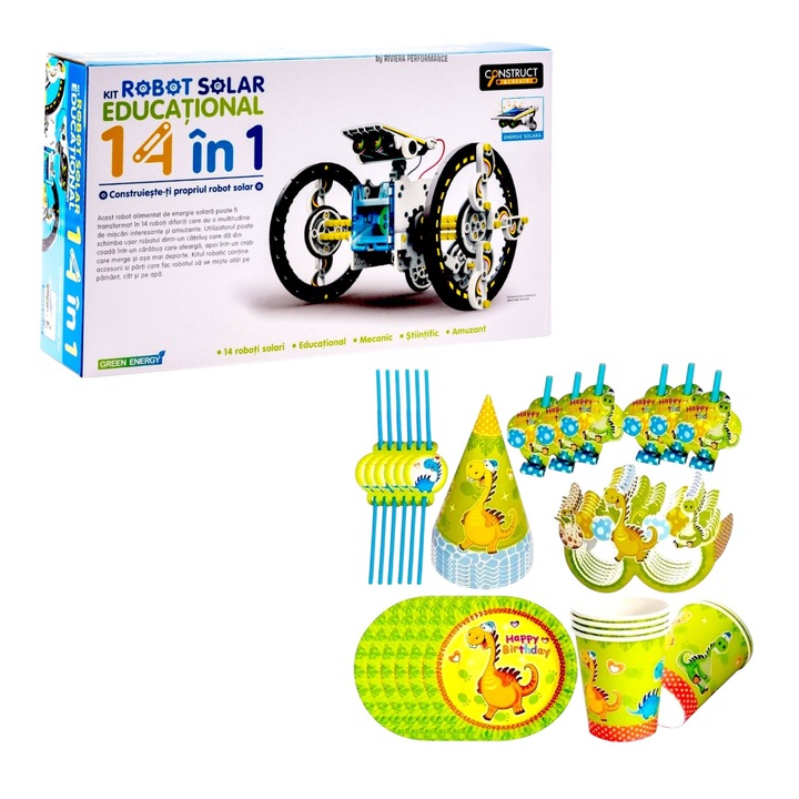 Комплект роботика Hooppie, 14 вида конструкция, пластмаса, многоцветен, 190 части, 2 нива на трудност - основни/напреднали, 10+ години, с комплект за детско парти, 36 части, 6 варианта, екологичен картон, рециклируем