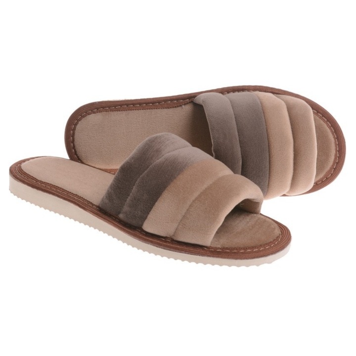 Papuci de dama din velur – comozi, usori, cu degete descoperite, ideali pentru interior, bej, marime 41 EU