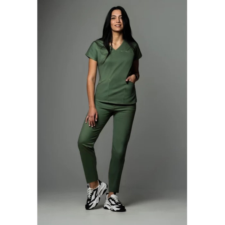 Costum medical de dama, bluza si pantalon, Slim Fit, New AMBRA, Kaki, S