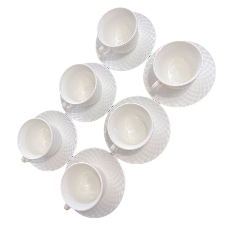 Set 6 cesti cu farfurioare albe, din sticla opal rezistenta la caldura, 190 ml, Home Care, 12 piese