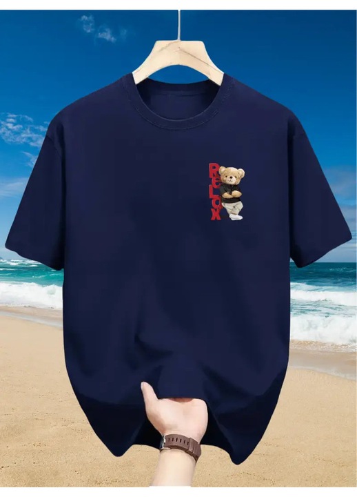 Tricou barbati Bear Relax, stil casual, guler rotund, croiala lejera, potrivit pentru o iesire relaxata, bumbac, Bleumarin inchis