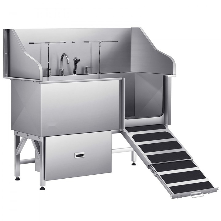 Kutyafürdető kád, 155 cm, rozsdamentes acél, vízszűrővel, rámpával, korrózióálló