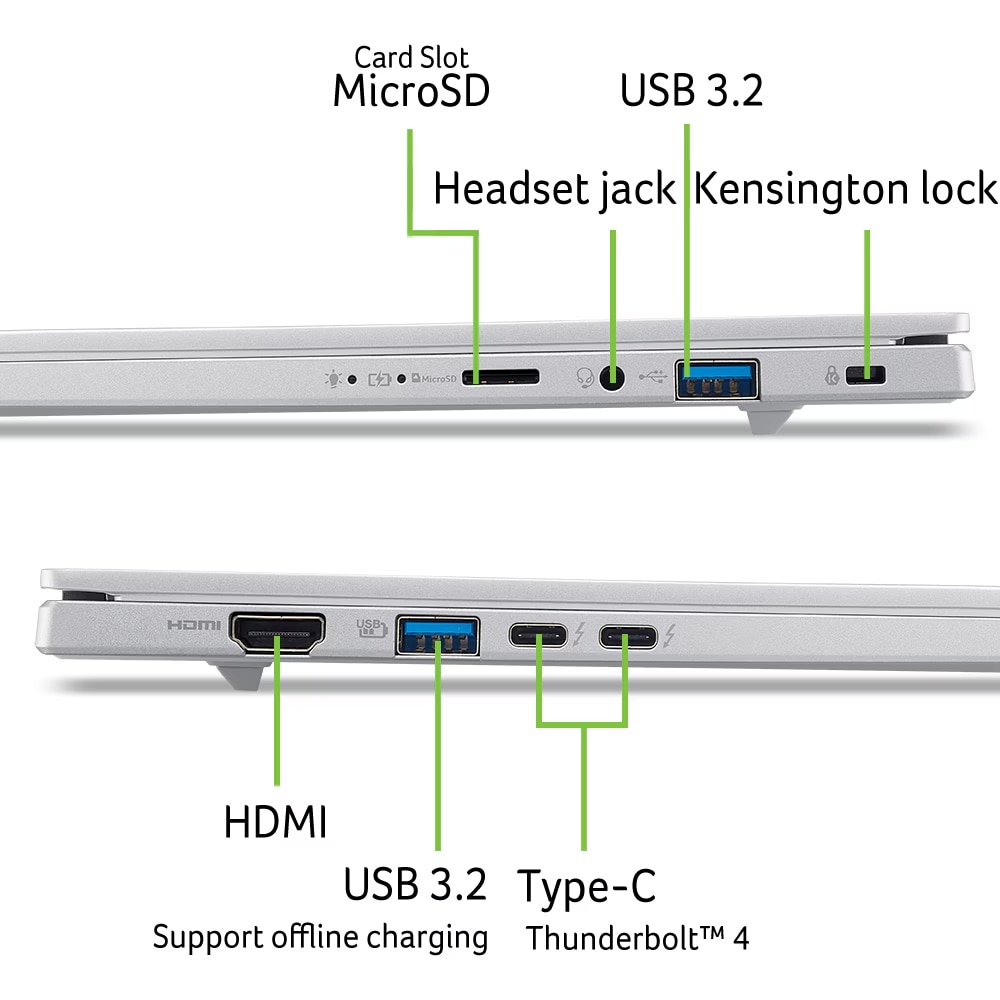 Laptop Acer Aspire 14 AI OLED A14-53M-54TU cu procesor Intel® Core™ Ultra 5 226V pana la 4.5GHz, 14", WUXGA, OLED, 16GB LPDDR5X RAM, 512 GB SSD, Intel® Arc™ Graphics 130V, No OS, Pure Silver