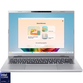 Laptop Acer Aspire 14 AI OLED A14-53M-743R cu procesor Intel Core Ultra 7 258V pana la 4.8GHz, 14", WUXGA, OLED, 32GB LPDDR5X RAM, 1TB SSD, Intel Arc Graphics, No OS, Pure Silver