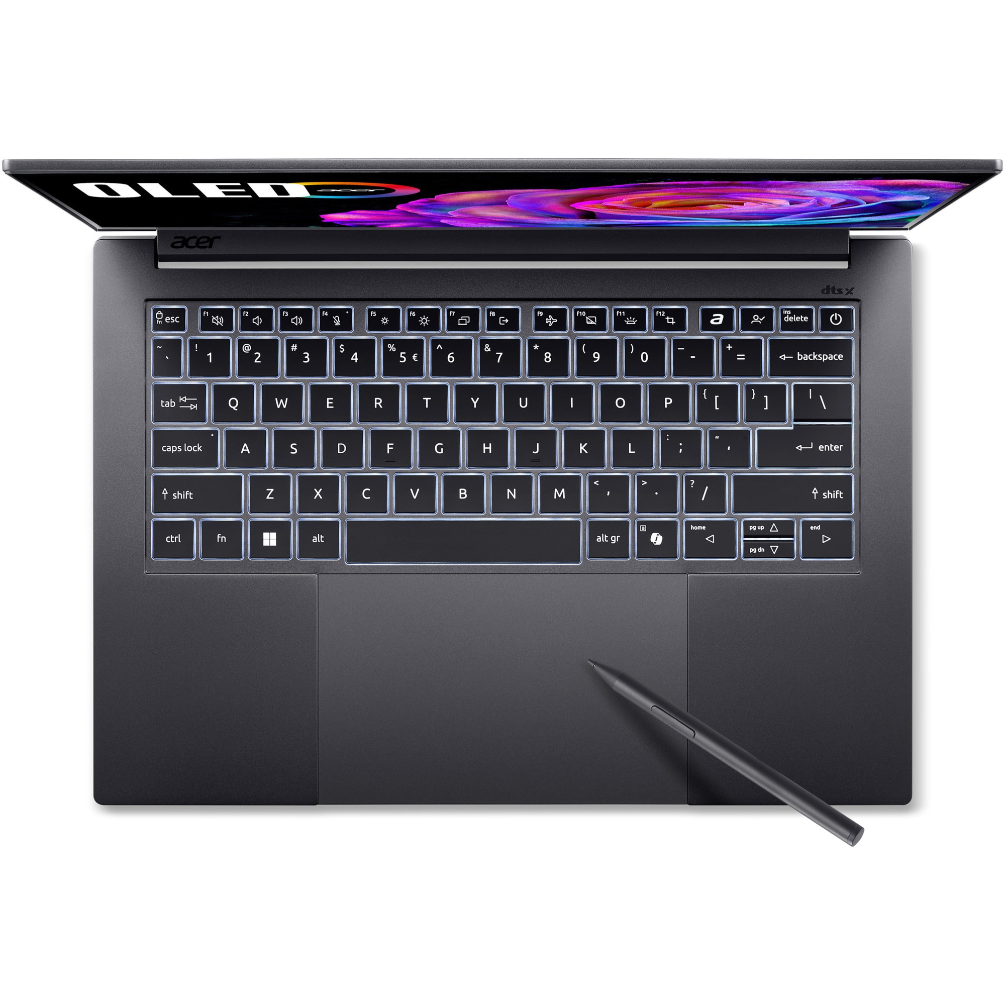 Laptop Acer Swift X 14 OLED SFX14-73G-53S2 cu procesor Intel® Core™ Ultra 5 225H pana la 4.9GHz, 14.5", WQXGA, 2.8K, OLED, 120Hz, Touch, 16GB LPDDR5X RAM, 1TB SSD, NVIDIA® GeForce RTX™ 5050 8GB GDDR7, Windows 11 Home, Titanium Gray