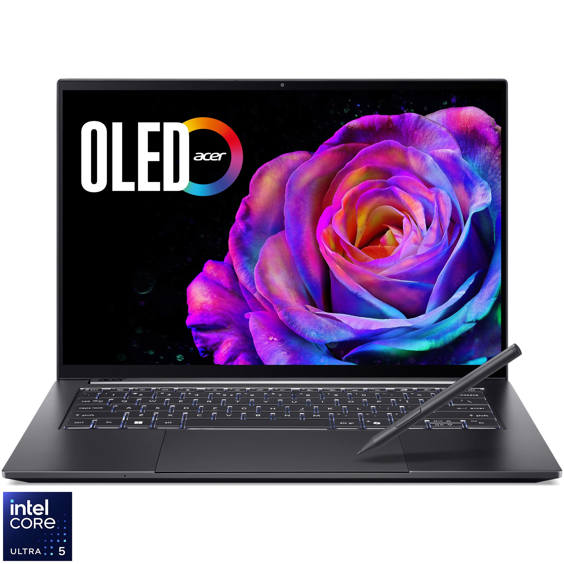 Laptop Acer Swift X 14 OLED SFX14-73G-53S2 cu procesor Intel® Core™ Ultra 5 225H pana la 4.9GHz, 14.5", WQXGA, 2.8K, OLED, 120Hz, Touch, 16GB LPDDR5X RAM, 1TB SSD, NVIDIA® GeForce