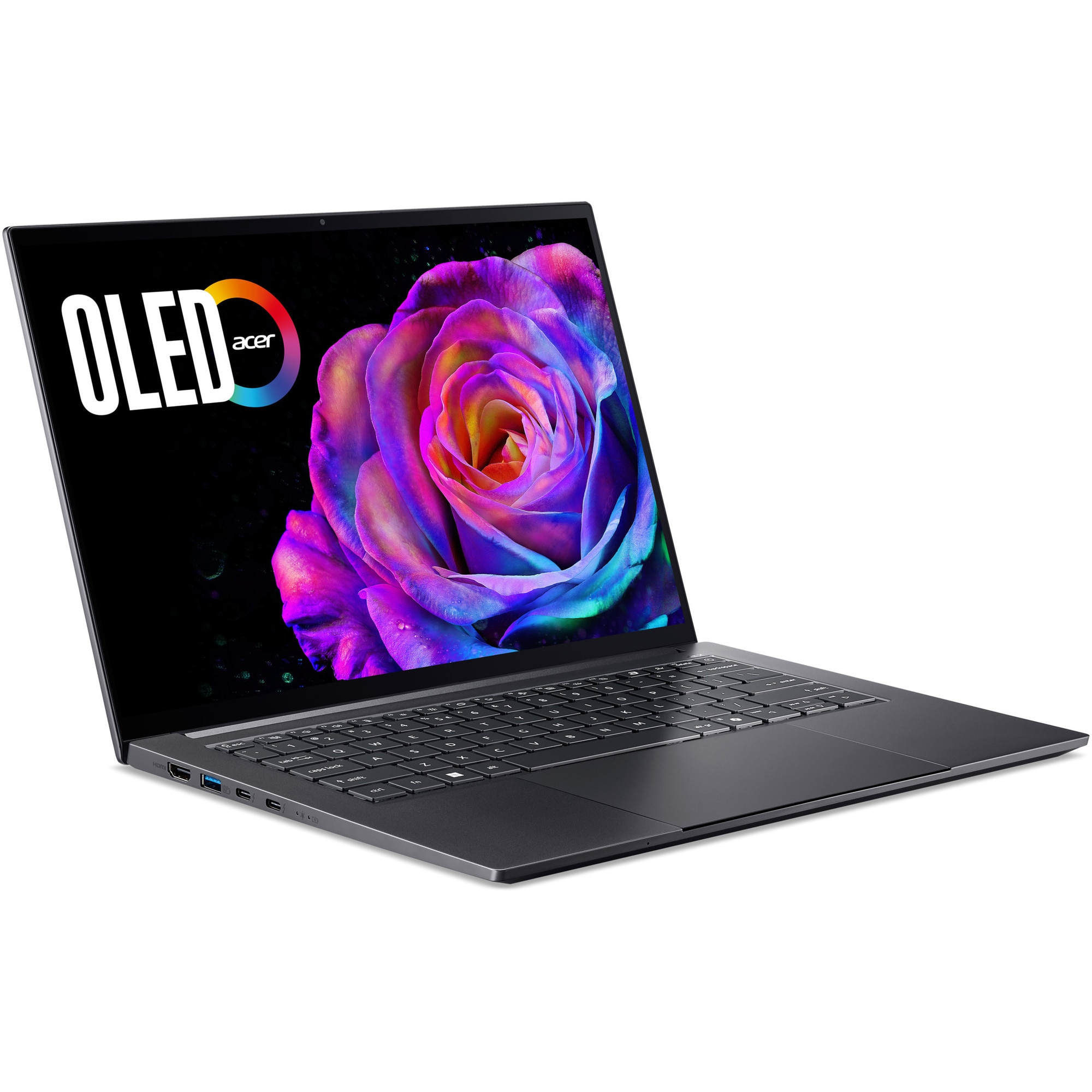 Laptop Acer Swift X 14 OLED SFX14-73G-53S2 cu procesor Intel® Core™ Ultra 5 225H pana la 4.9GHz, 14.5", WQXGA, 2.8K, OLED, 120Hz, Touch, 16GB LPDDR5X RAM, 1TB SSD, NVIDIA® GeForce RTX™ 5050 8GB GDDR7, Windows 11 Home, Titanium Gray