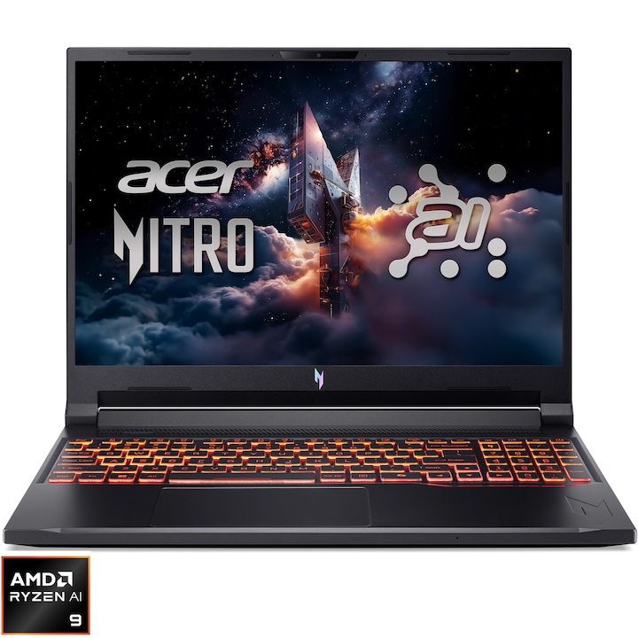 Laptop Gaming Acer Nitro V16 AI ANV16-61-R6YG cu procesor AMD Ryzen™ AI 9 365 pana la 5.00 GHz, 16'', WUXGA IPS 180Hz, 32GB RAM, 1TB SSD, NVIDIA® GeForce RTX 5070 8GB, No OS, Obsidian Black