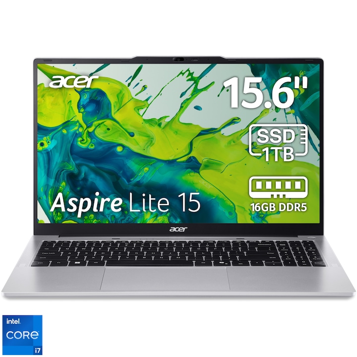 Laptop Acer Aspire Lite 15 AL15-72P-71X1 cu procesor Intel® Core™ i7-13620H up to 4.90 GHz, 15.6'', Full HD, IPS, 16GB DDR5 RAM, 1TB SSD, Intel® UHD Graphics, No OS, Pure Silver