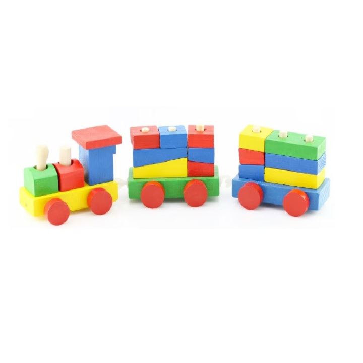 Tren interactiv jucarie, educativ, Set de vehicule din lemn pentru copii mici, jucarie din lemn pentru sortarea, recunoasterea formelor si a culorilor, Lemn, Multicolor