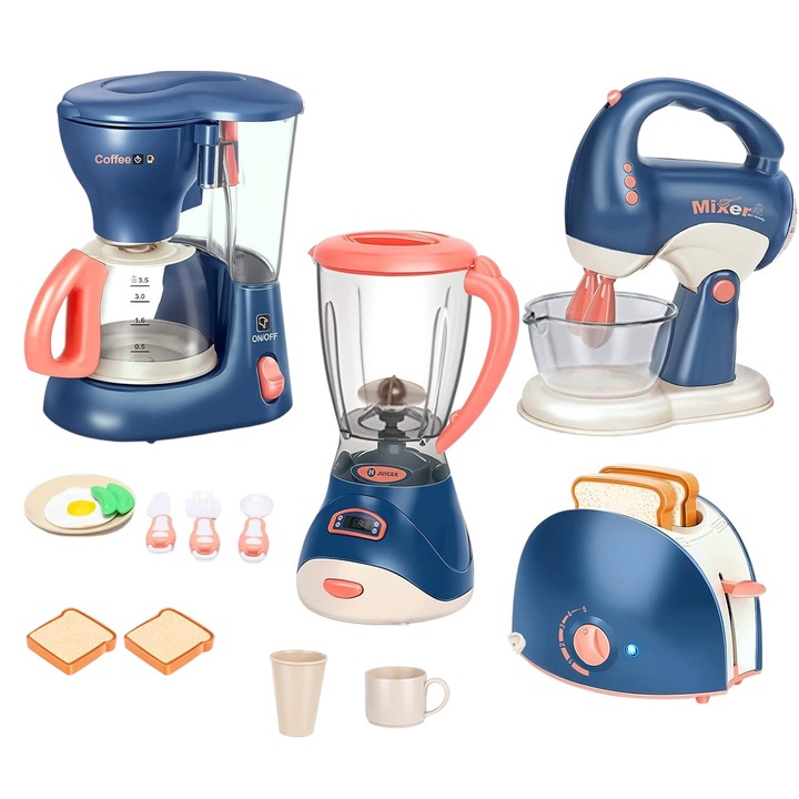Set Accesorii Bucatarie Copii KidProtect® Little Chef Deluxe Set, Prajitor de Paine, Mixer cu Bol, Blender, Filtru Cafea, Felii de Paine, Set Tacamuri, Farfurie cu Oua, Cescute, Cu Sunete si Lumini, Tip Set de Joaca