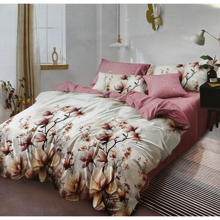 Lenjerie de pat cu Bumbac Finet King Size Deluxe, 2 persoane, 6 piese, MAGNOLIE ROZ 230 x 250cm