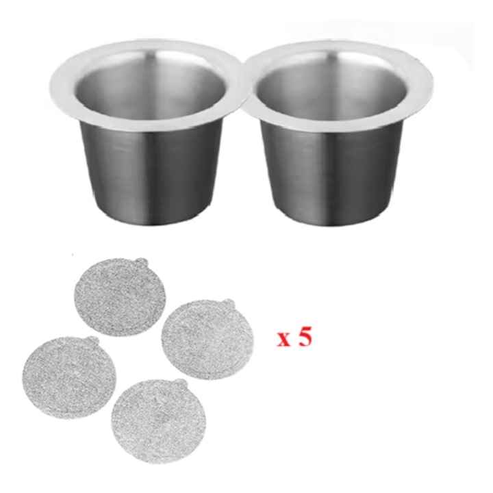 Set capsule de cafea reutilizabile inox cu 20 capace aluminiu 37 mm, compatibile Nespresso Original