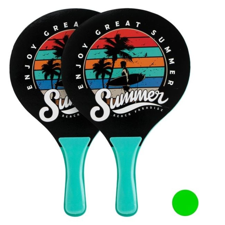 Set 2 Palete din Lemn pentru Plaja, Design Summer, Negru-Turcoaz, cu Minge Inclusa, 37x23.5cm – Rachete Joc Nisip Adulti si Copii