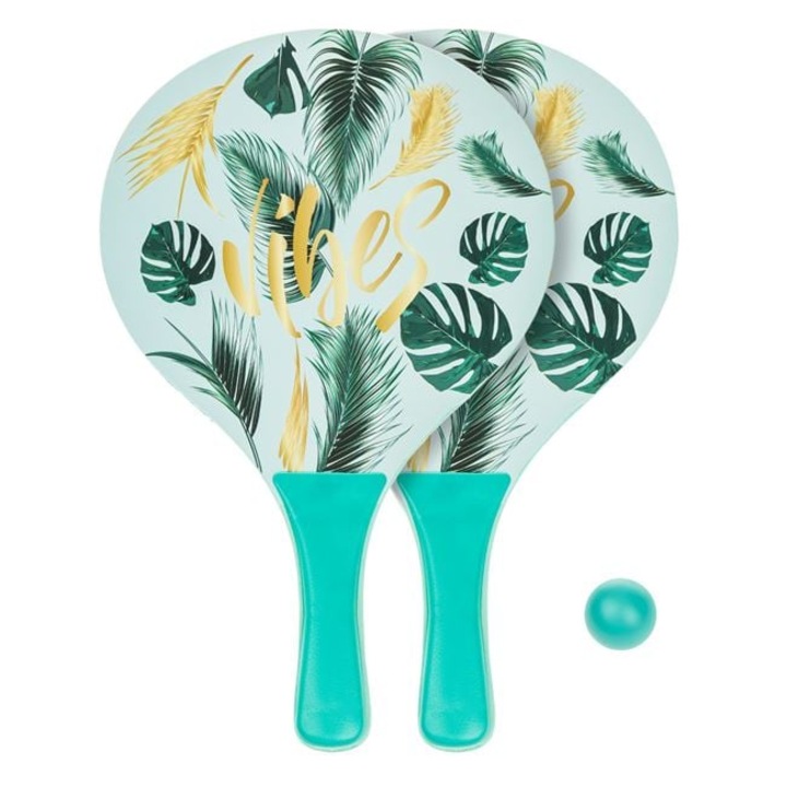 2 db-os fa strandütő szett, labdával, trópusi mintával "Vibes", csúszásgátló fogantyúkkal, 38x24cm - nyári játék gyerekeknek és felnőtteknek
