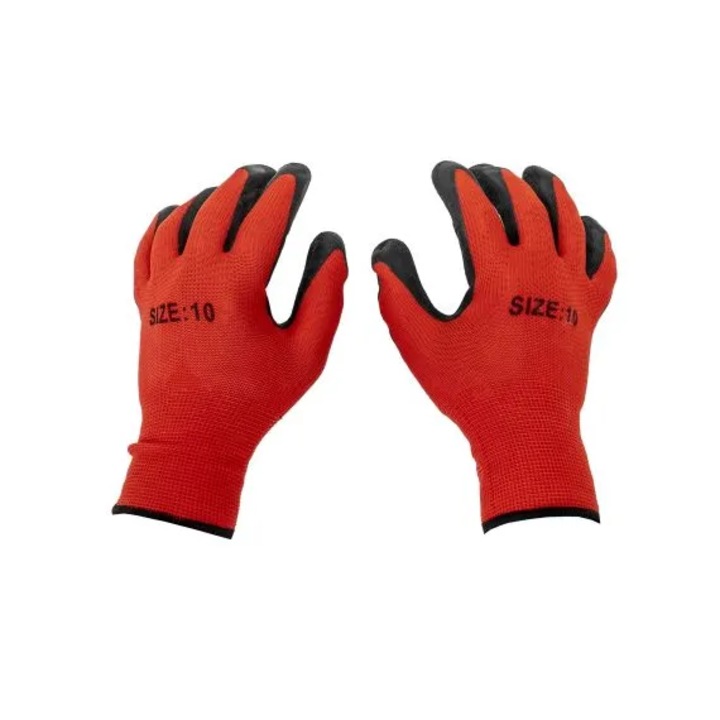 Найлонови защитни ръкавици с латексово покритие, червено-черни, размер 10, неплъзгащи се, устойчиви на износване, идеални за строителство, градинарство и промишлени дейности