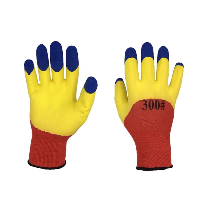 Защитни ръкавици DMX, с латексово покритие тип 300#, размер 10, подобрено сцепление, устойчиви на износване, идеални за работа, строителство и градинарство, сини/жълти/червени