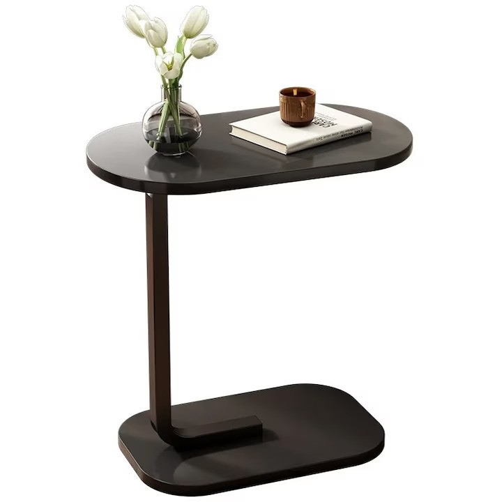 Черна странична маса C, елегантен плот, масивна метална рамка, модерна масичка за кафе за диван, легло или малки пространства