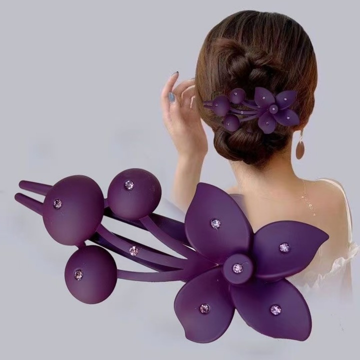 Női hajcsat - nagy virág, erős tartás, dekoratív, extra nagy, elegáns és kifinomult, vízi gyémánt hatású gyantából, matt kivitel, lila, 10.5x5 cm