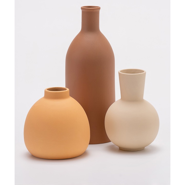 Set de 3 vaze ceramice, VaseTopia, Forme diferite, Bej/Portocaliu/Maro, Dimensiuni variate