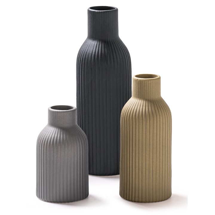 Set de 3 Vaza de inalta calitate, Dungi clasice, Atmosfera simpla, Material ceramic, Camera de zi dormitor ornamente cadou, Vasetopia, Multicolor (Kaki/Negru/Gri)