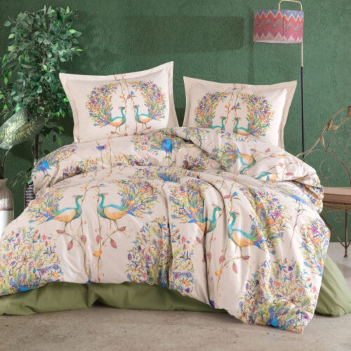 Lenjerie de pat Ranforce Ralex Pucioasa, bumbac 100%, imprimeu pavone, set complet, uni/pattern, king size 240x260cm, 200x220cm, 50x70cm