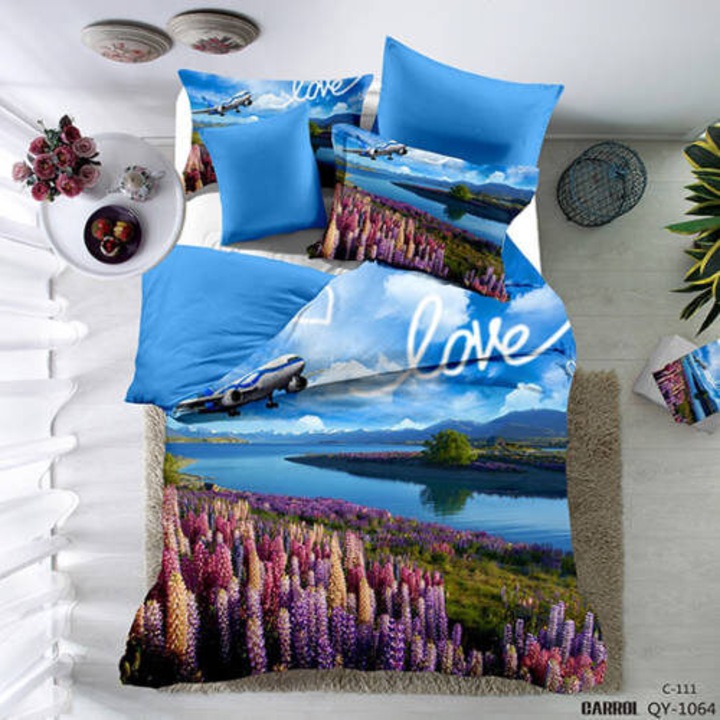 Lenjerie de pat poplin Pucioasa, imprimeu 3D, 100% bumbac, set 4 piese, 230x250cm + 200x230cm + 50x70cm