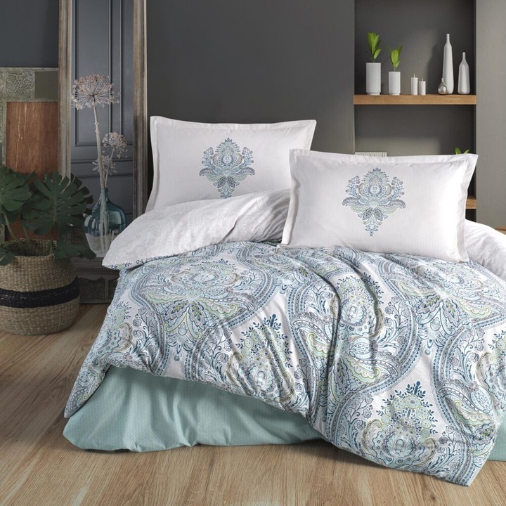 Lenjerie de pat Ranforce Ralex Pucioasa 100% bumbac, model imprimat, ruma, king size, 240x260cm, 200x220cm, set 4 piese