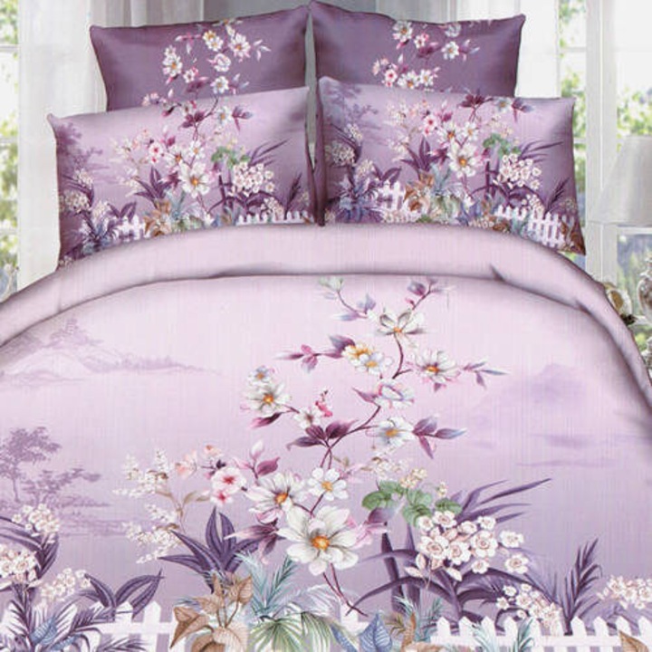 Lenjerie de pat, cu print digital 3D, Gradina cu Flori, Mov