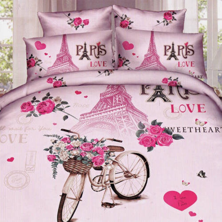 Lenjerie de pat Ralex Pucioasa set digital print 3D Paris Love, 220x230cm, 200x230cm, 50x70cm