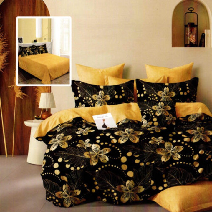 Lenjerie de pat finet 6 piese Ralex Pucioasa, 72% bumbac, design modern, 220x240cm, 200x220cm, 50x70cm, 70x70cm, galben/negru