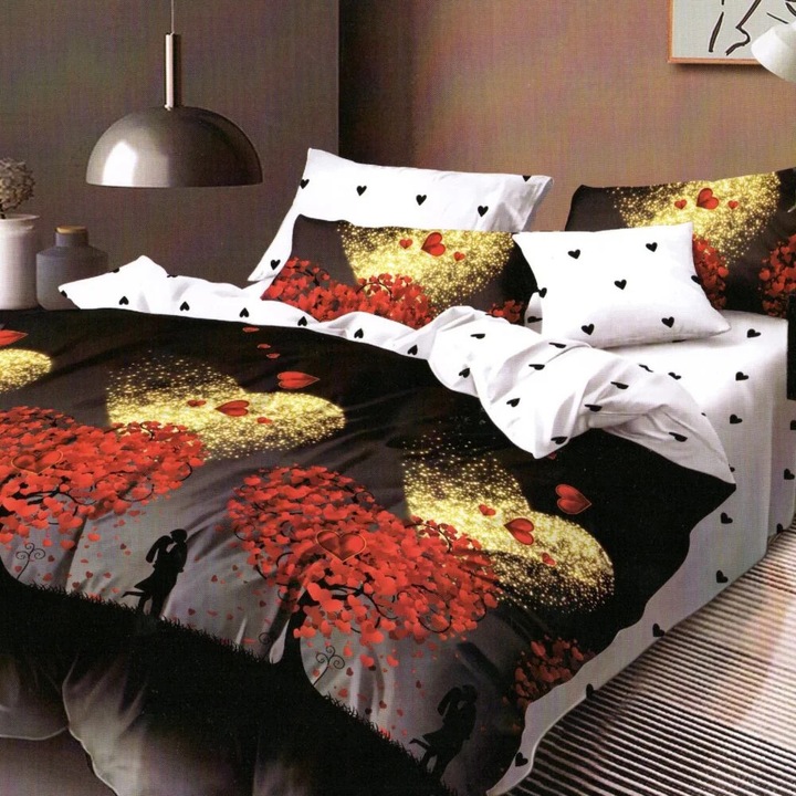 Lenjerie de pat Ralex Pucioasa ElVo, bumbac 50% + poliester 50%, imprimeu variat, set 1 cearsaf de pat 220x230cm, 1 cearsaf de pilotă 200x220cm, 2 fete de pernă 50x70cm