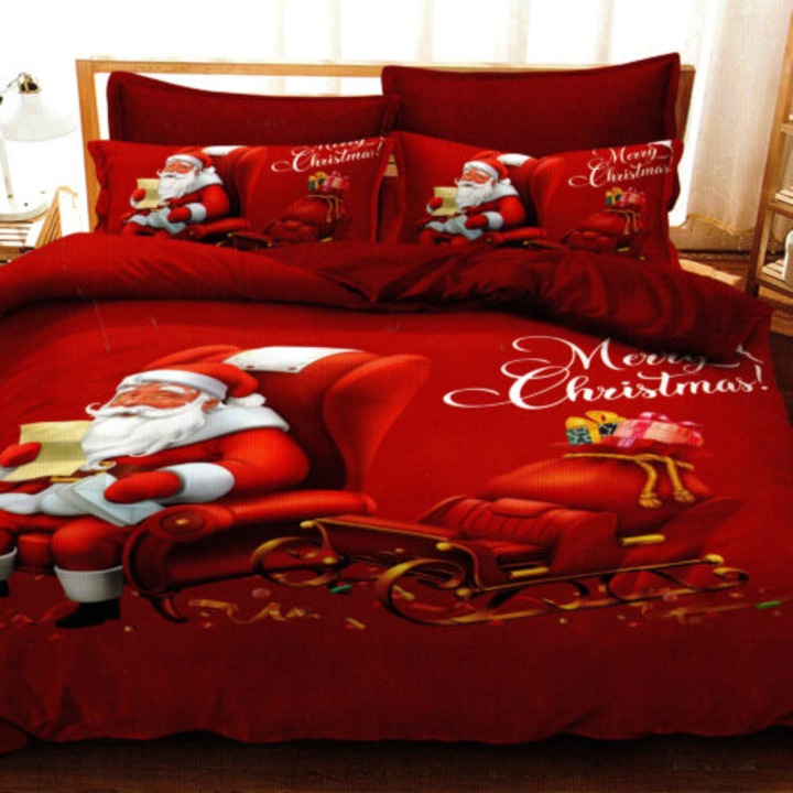 Lenjerie pat, finet 3d, 6 piese, tematica de craciun, Ralex Pucioasa f-xmas41, rosu