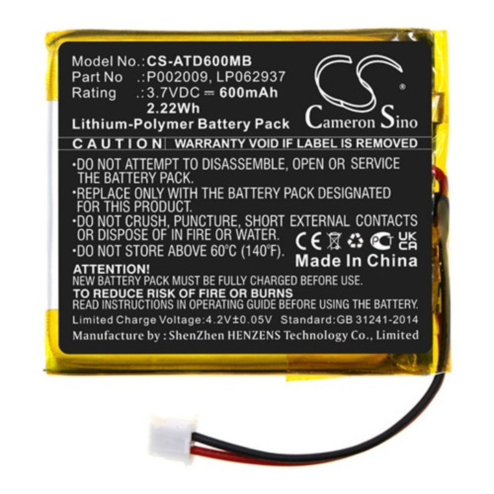 Cameron sino li-polymer akkumulátor, 3.7v, 600mAh, kompatibilis alecto lp062937 -vel