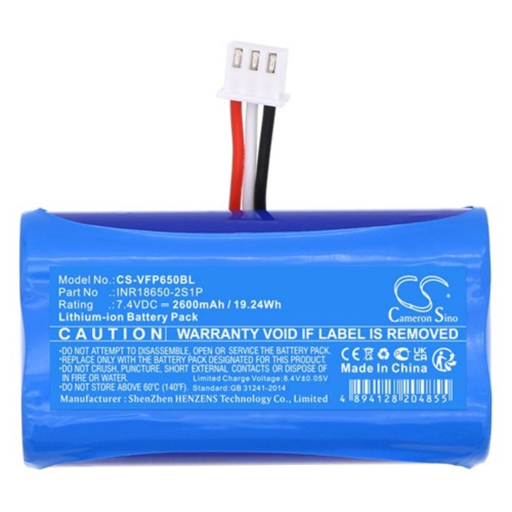 Cameron sino li-ion akkumulátor, 7, 4v, 2600mAh, kompatibilis verifone inr18650-2s1p kék-vel