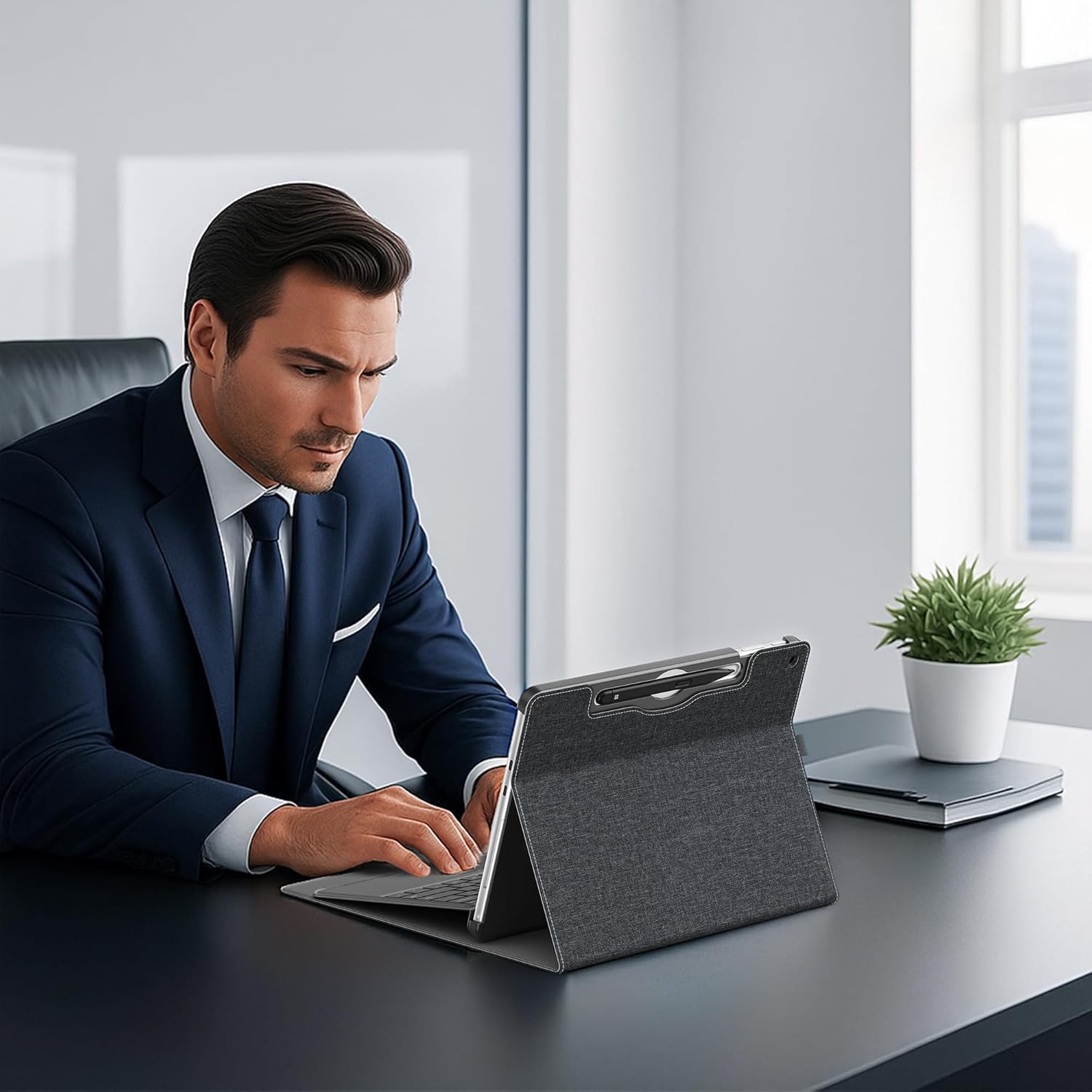 Husa Pentru Tableta compatibila cu Microsoft Surface Pro 12, 12 inch, piele PU, cu tava pentru stilouri, functie automata trezire/sleep, design subtire, rezistent la zgarieturi, Negru