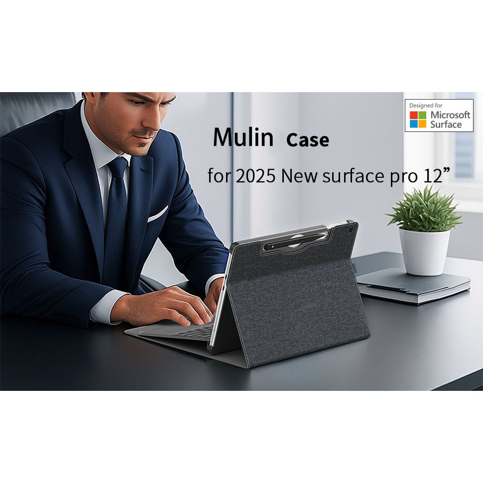 Husa Pentru Tableta compatibila cu Microsoft Surface Pro 12, 12 inch, piele PU, cu tava pentru stilouri, functie automata trezire/sleep, design subtire, rezistent la zgarieturi, Negru