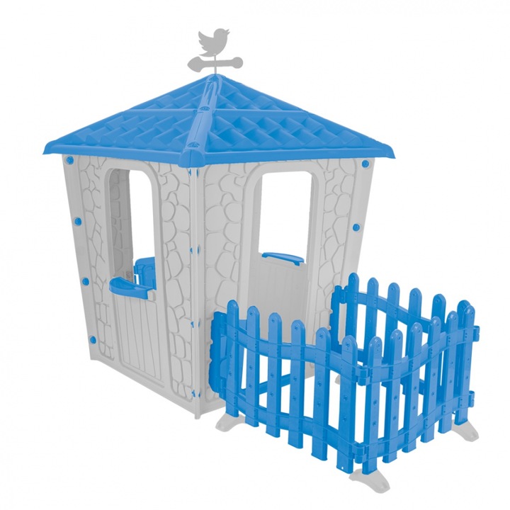 Casuta de gradina pentru copii Pilsan Stone House Blue/Grey cu gardulet inclus, utilizare interior/exterior, plastic rezistent UV, design realist