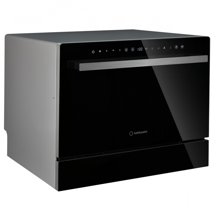Masina de spalat vase compacta Turbionaire AVA 6 PLUS TPDSAVA6CTBP, 6 seturi, 5 programe, Clasa D, Panou frontal sticla neagra, Indicator umplere sare, Indicator umplere agent de clatire, Dedurizator apa, Spalare eficienta tip 360°, Restart, Mod Eco