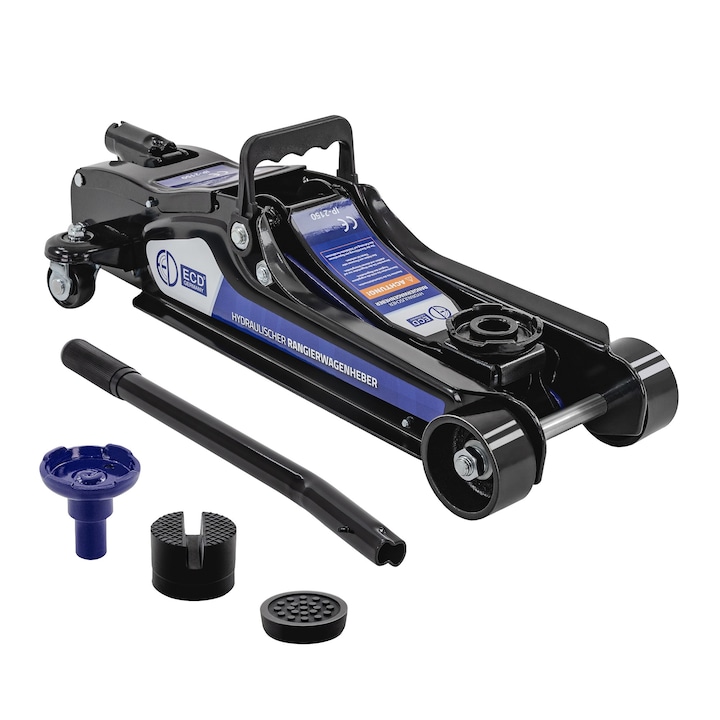 Cric hidraulic tip crocodil ECD Germany pentru masini 2,5T certificat TÜV/GS, elevator auto inaltime de ridicare 80-360 mm negru, 2x tampoane de cauciuc + 1x adaptor SUV, rola ergonomica 360° lift portabil usor de utilizat