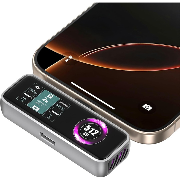 SSD, 512 GB, Магнитен, Външен, Скорост до 990MB/s, 4K 120fps ProRes видео запис, Вграден вентилатор, USB 3.2 Gen2 Type-C, Поддържа PD3.0 27 W, LCD дисплей, Съвместим с iPhone 15/16 и по-нови модели, Сив